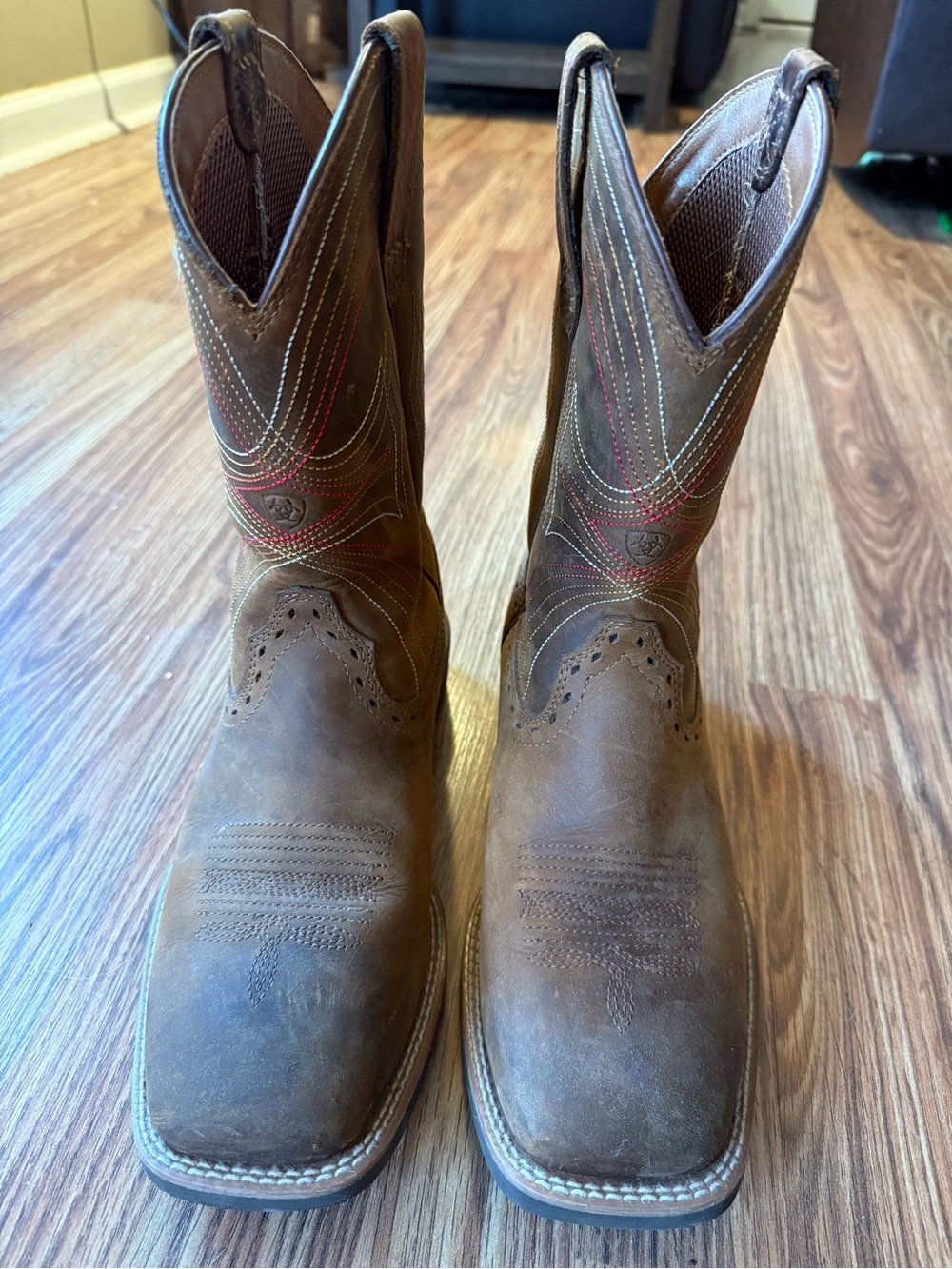 Ariat Brown Leather Cowboy Boots with Red Stitching